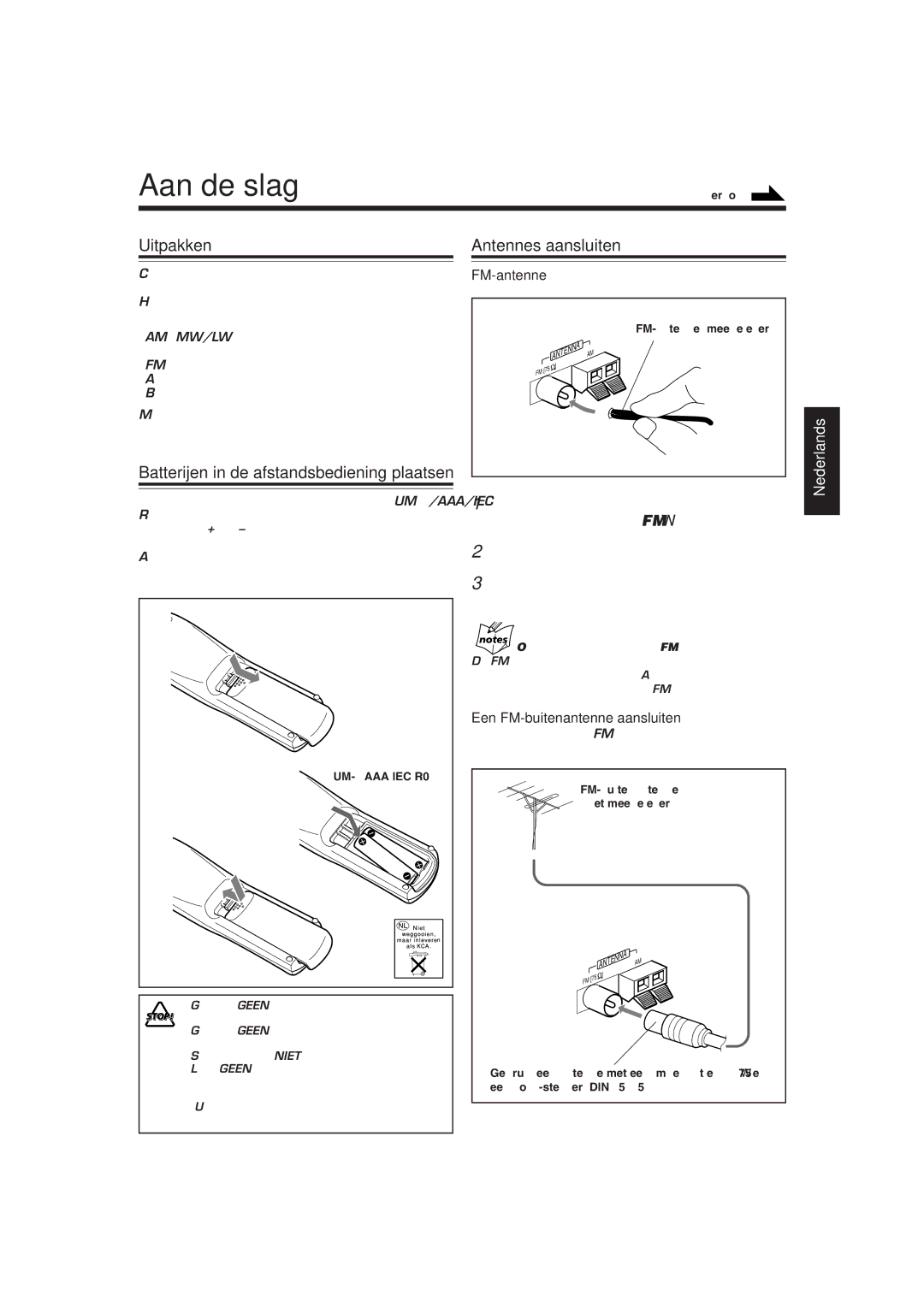 JVC CA-MXG500R manual Aan de slag, Uitpakken Antennes aansluiten, Batterijen in de afstandsbediening plaatsen, FM-antenne 