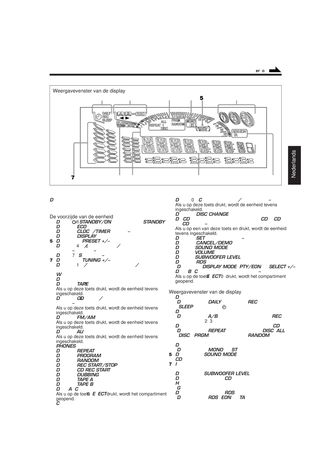 JVC CA-MXG500R, CA-MXG700R manual De voorzijde van de eenheid, Weergavevenster van de display 