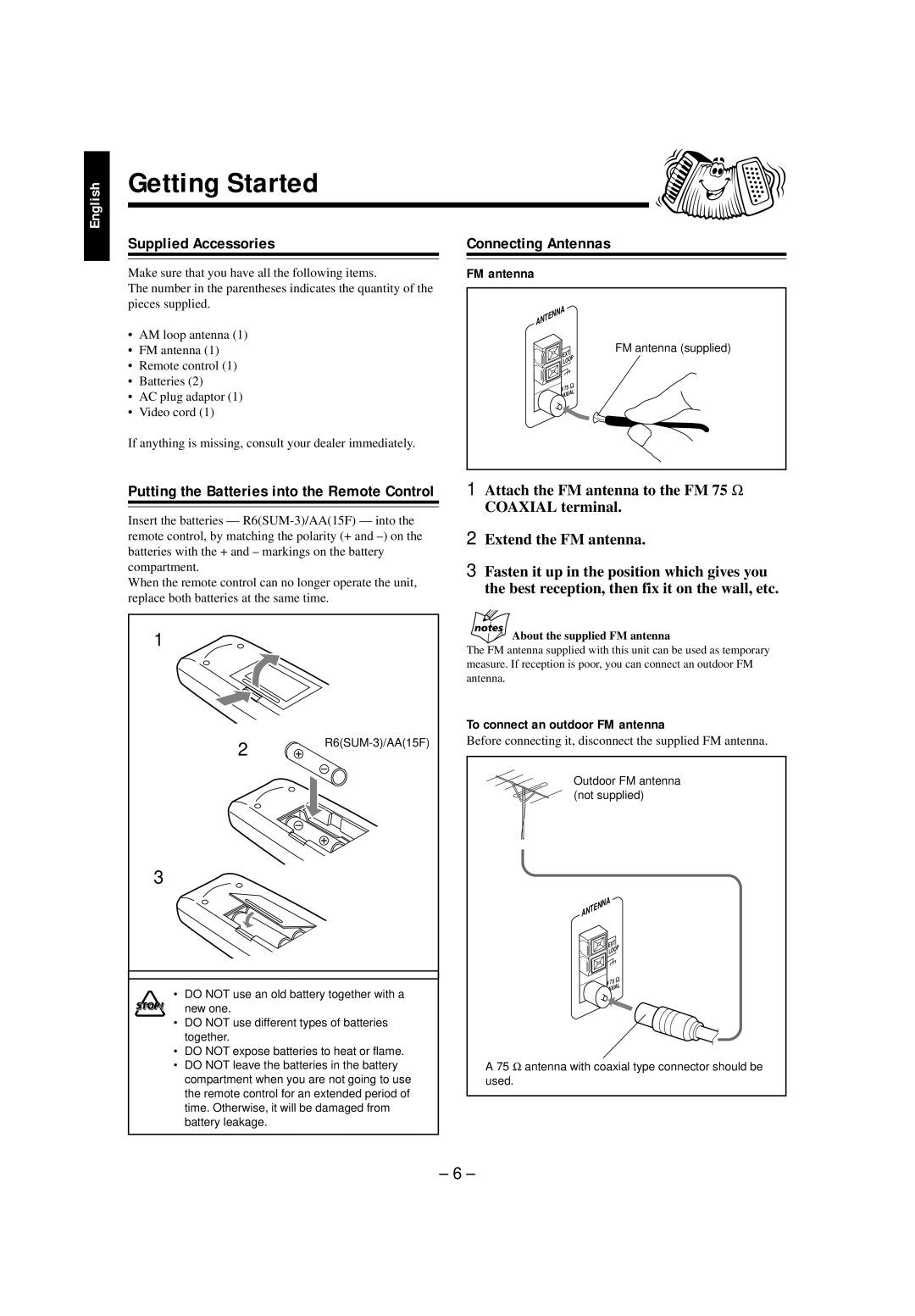 JVC CA-MXG950V manual Getting Started, Supplied Accessories, Connecting Antennas 