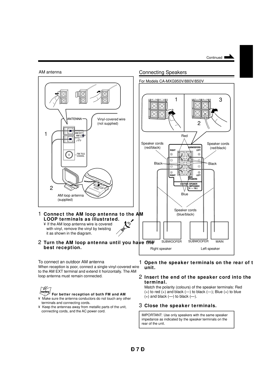 JVC CA-MXG950V manual Connecting Speakers, Turn the AM loop antenna until you have the best reception, AM antenna 