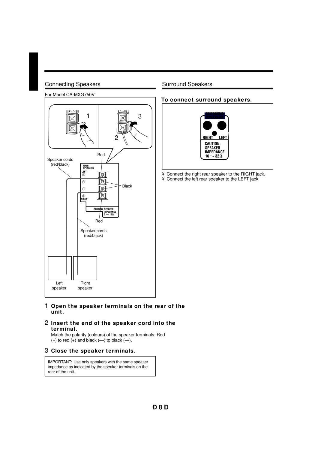 JVC CA-MXG950V manual Connecting Speakers Surround Speakers, To connect surround speakers, For Model CA-MXG750V 