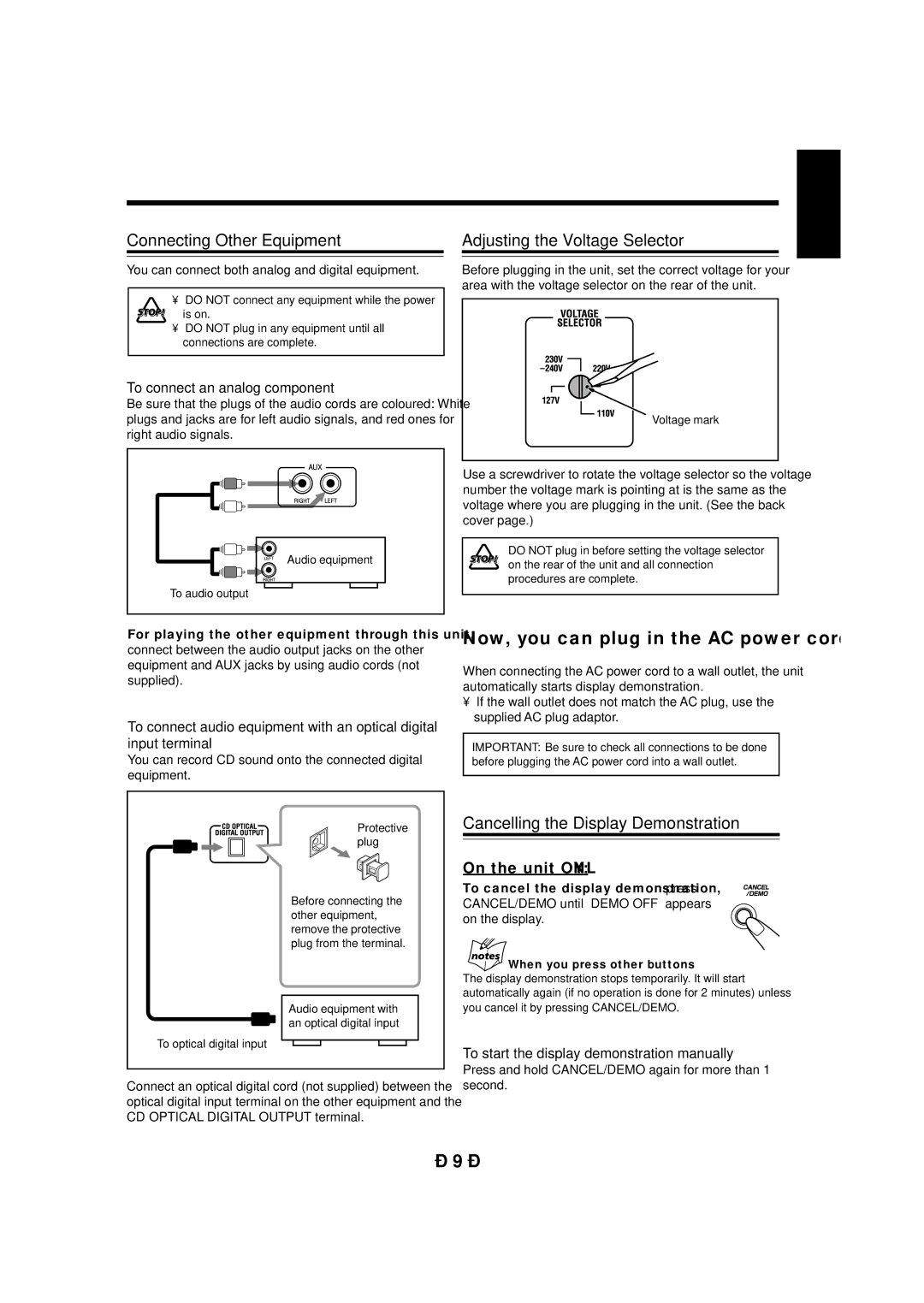 JVC CA-MXG950V manual Connecting Other Equipment, Adjusting the Voltage Selector, Cancelling the Display Demonstration 