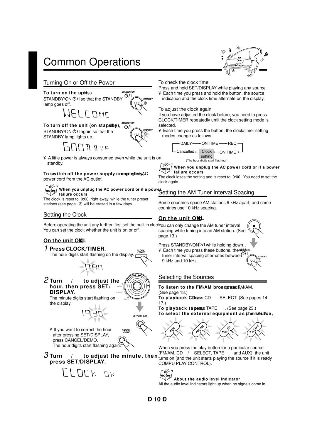 JVC CA-MXG950V Common Operations, Turning On or Off the Power, Setting the AM Tuner Interval Spacing, Setting the Clock 