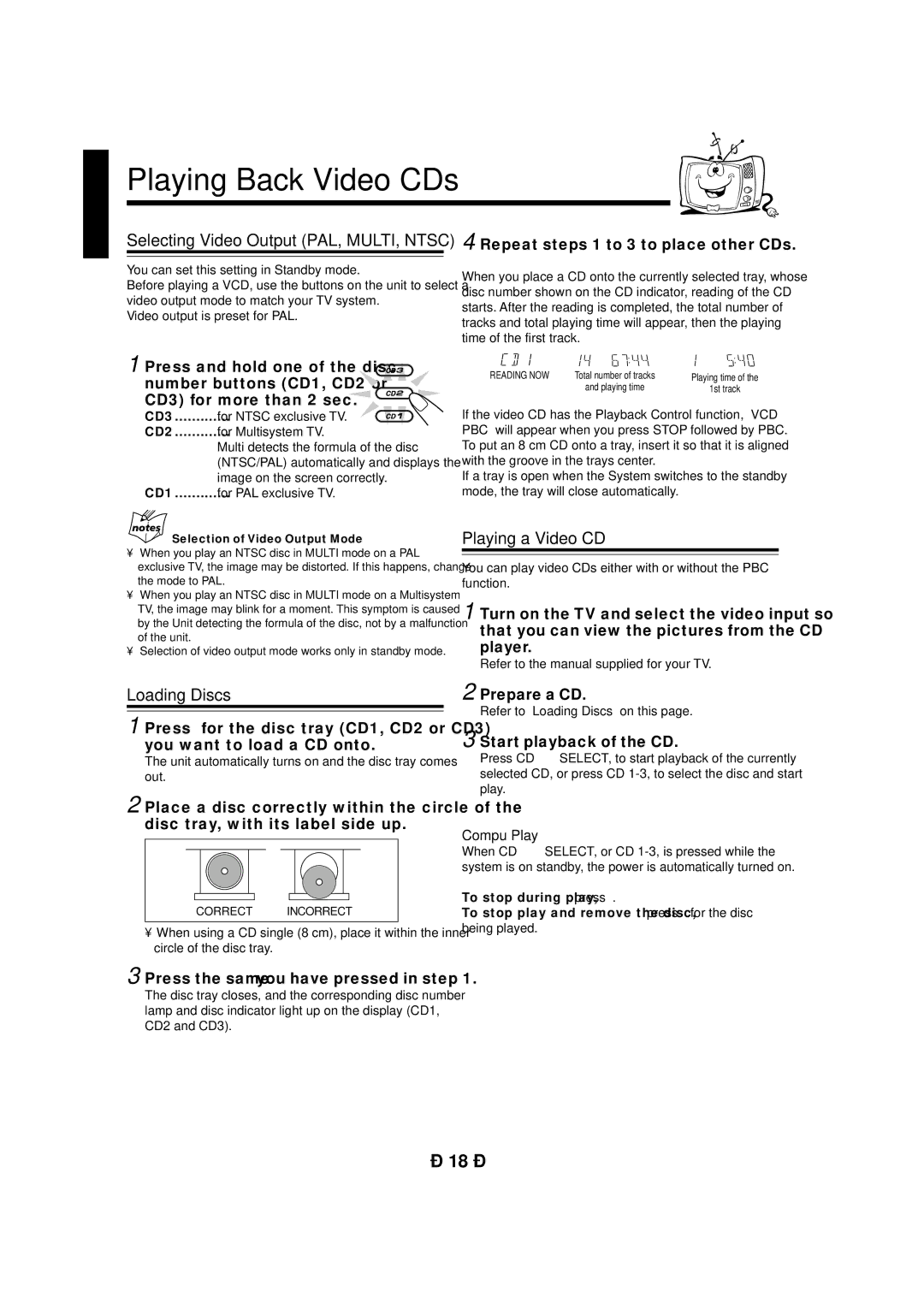 JVC CA-MXG950V manual Playing Back Video CDs, Selecting Video Output PAL, MULTI, Ntsc, Playing a Video CD, Loading Discs 