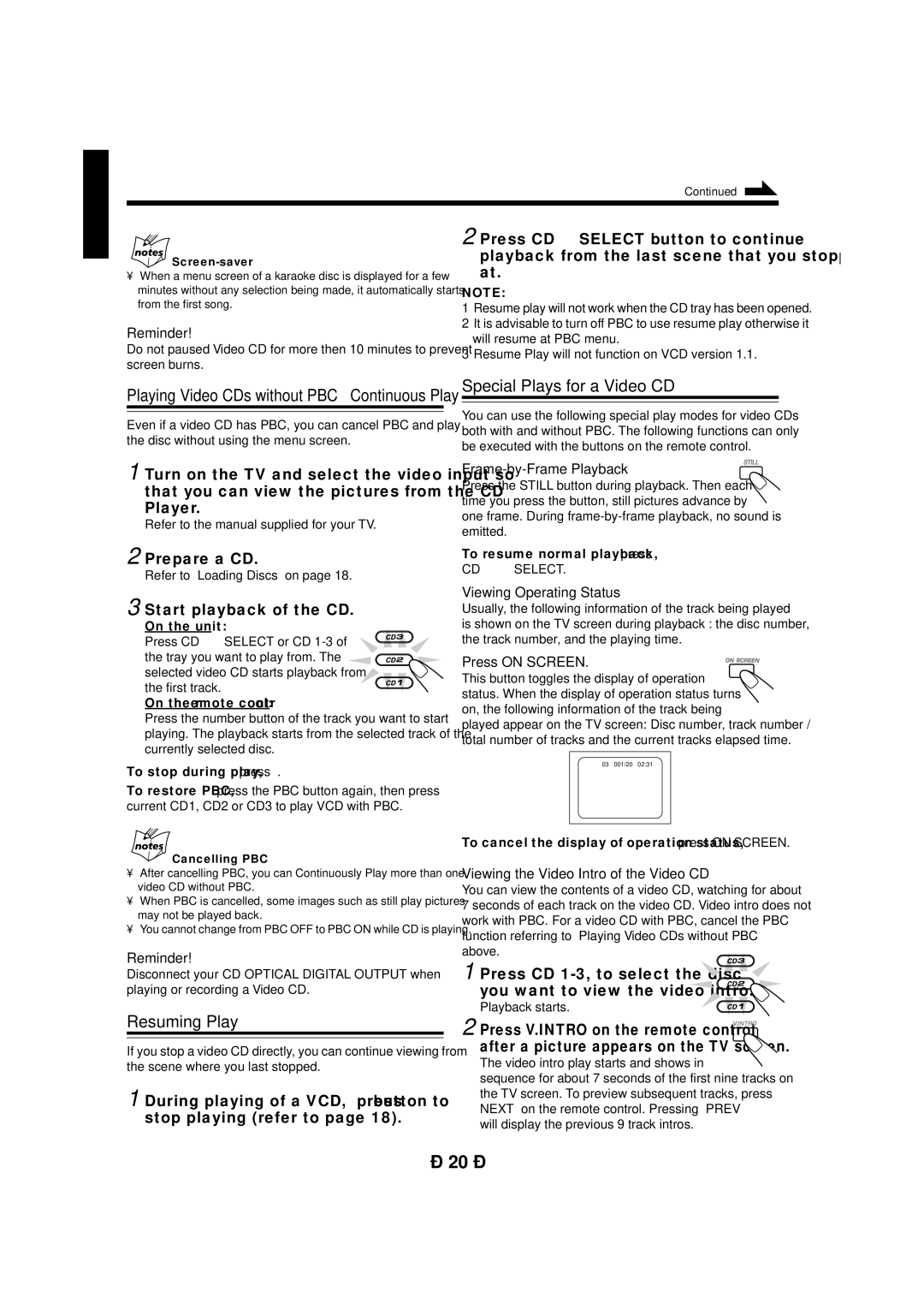 JVC CA-MXG950V manual Special Plays for a Video CD, Resuming Play 