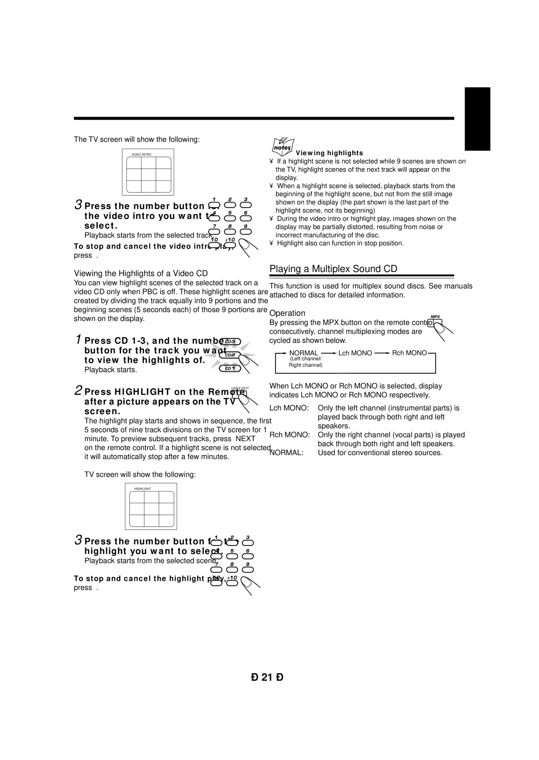 JVC CA-MXG950V manual Playing a Multiplex Sound CD, Viewing the Highlights of a Video CD, Operation 