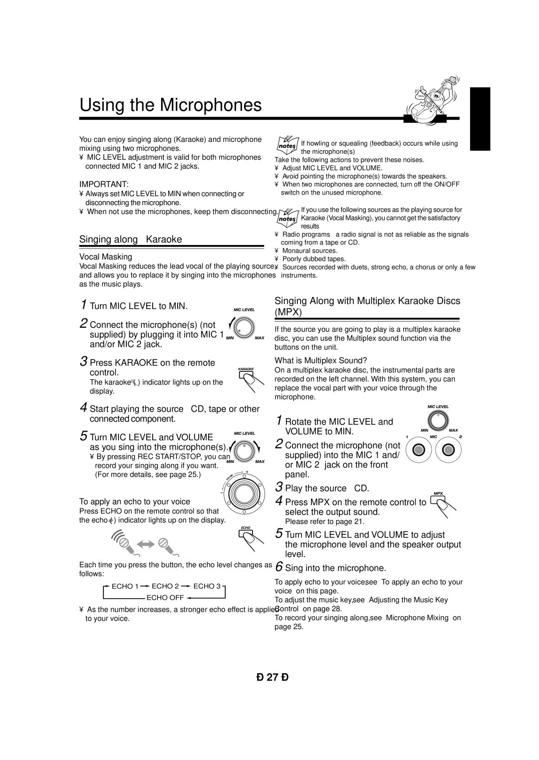 JVC CA-MXG950V manual Using the Microphones, Singing along Karaoke, Singing Along with Multiplex Karaoke Discs MPX 