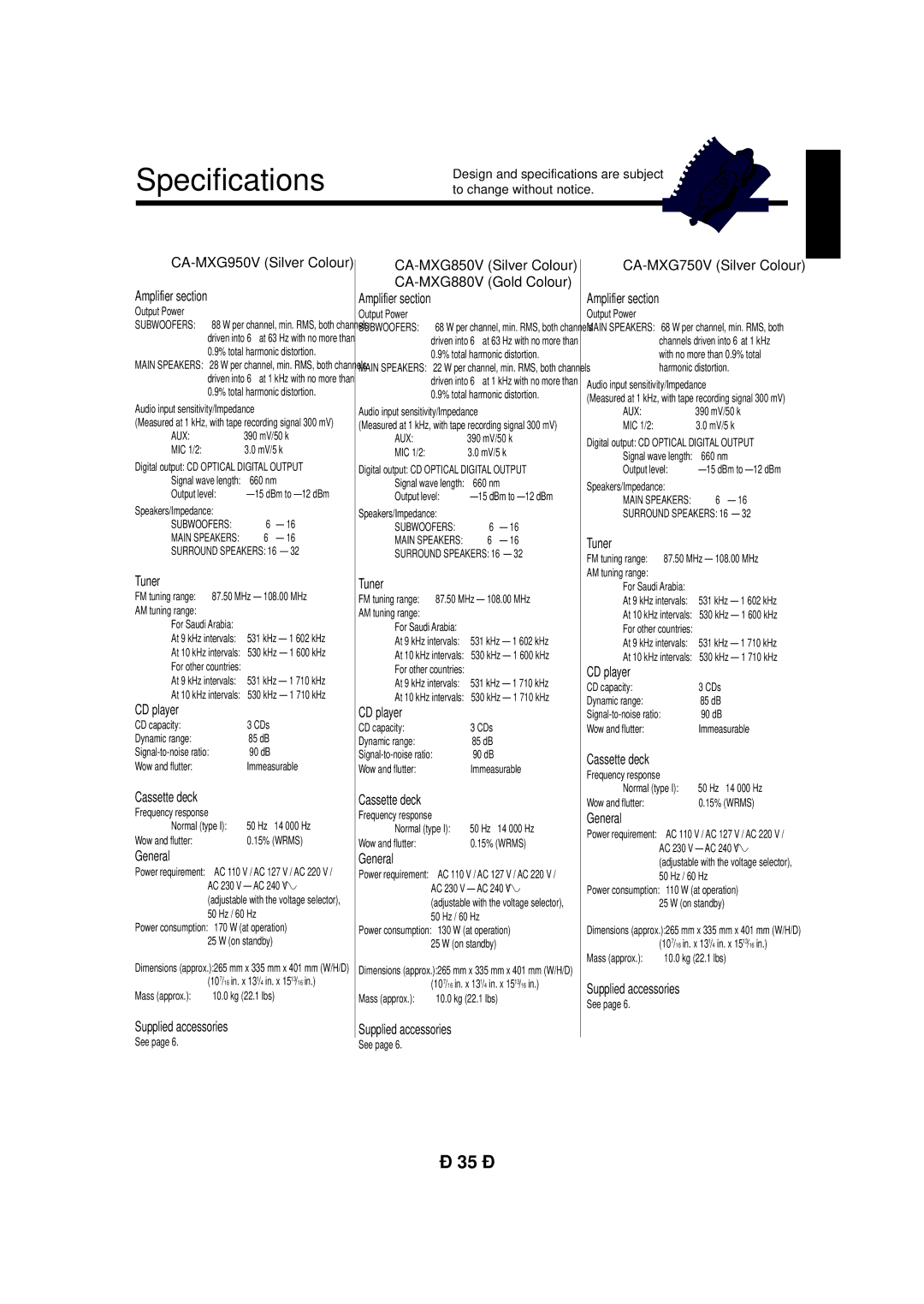 JVC CA-MXG950V manual Specifications 