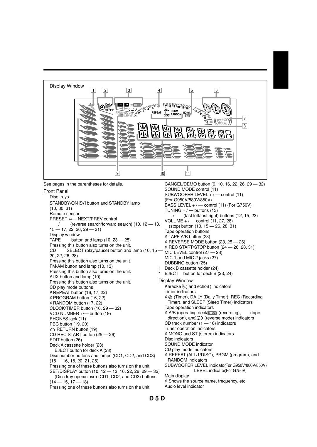 JVC CA-MXG950V manual Front Panel, Display Window, See pages in the parentheses for details 