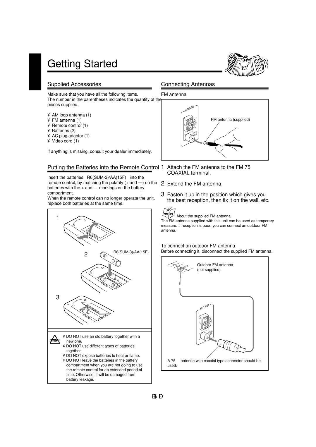 JVC CA-MXG880V, CA-MXGA8V Getting Started, Supplied Accessories, Connecting Antennas, To connect an outdoor FM antenna 