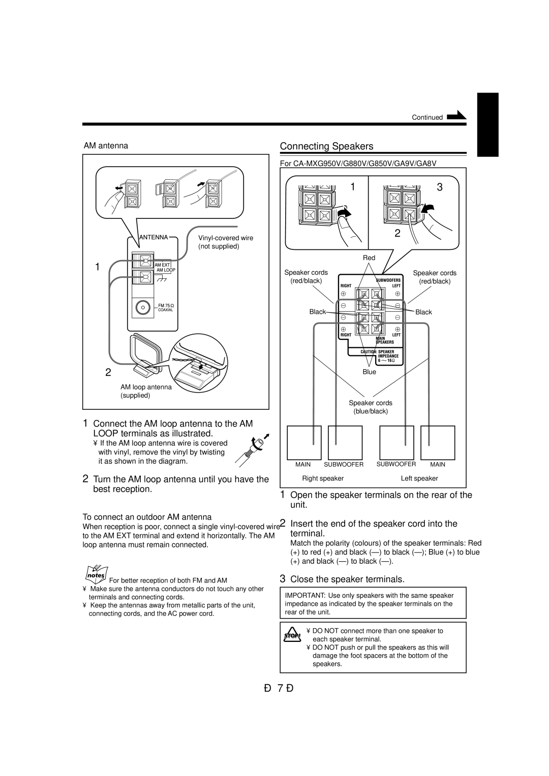 JVC CA-MXG850V, CA-MXGA8V manual Connecting Speakers, Turn the AM loop antenna until you have the best reception, AM antenna 