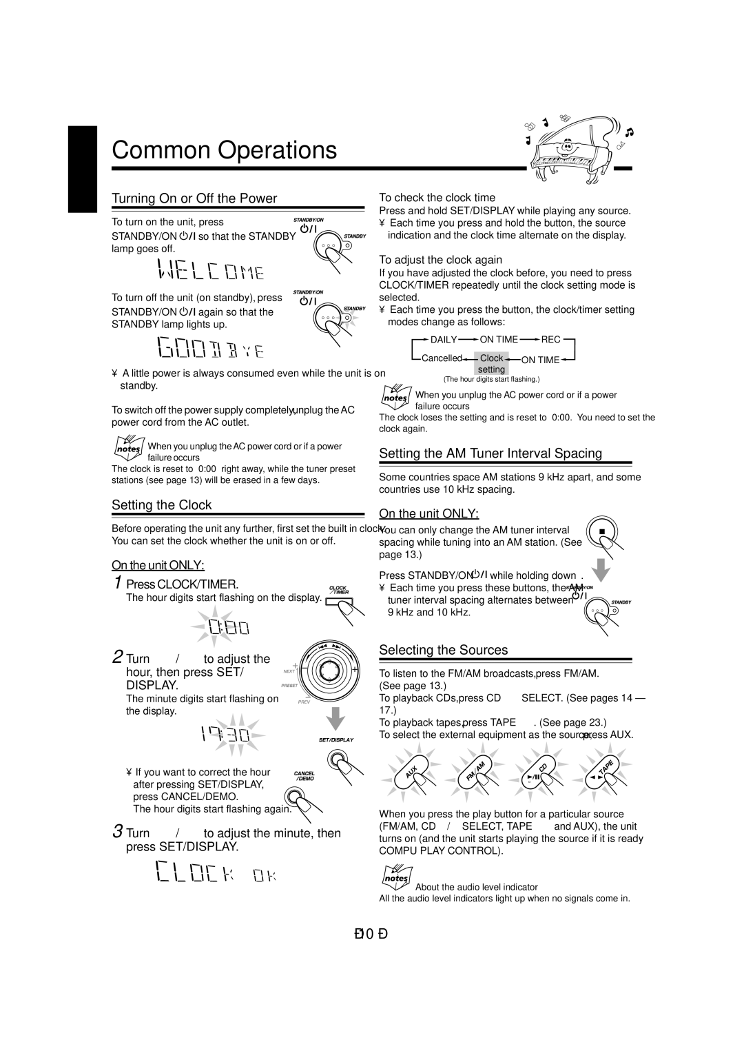 JVC CA-MXGA8V Common Operations, Turning On or Off the Power, Setting the AM Tuner Interval Spacing, Setting the Clock 