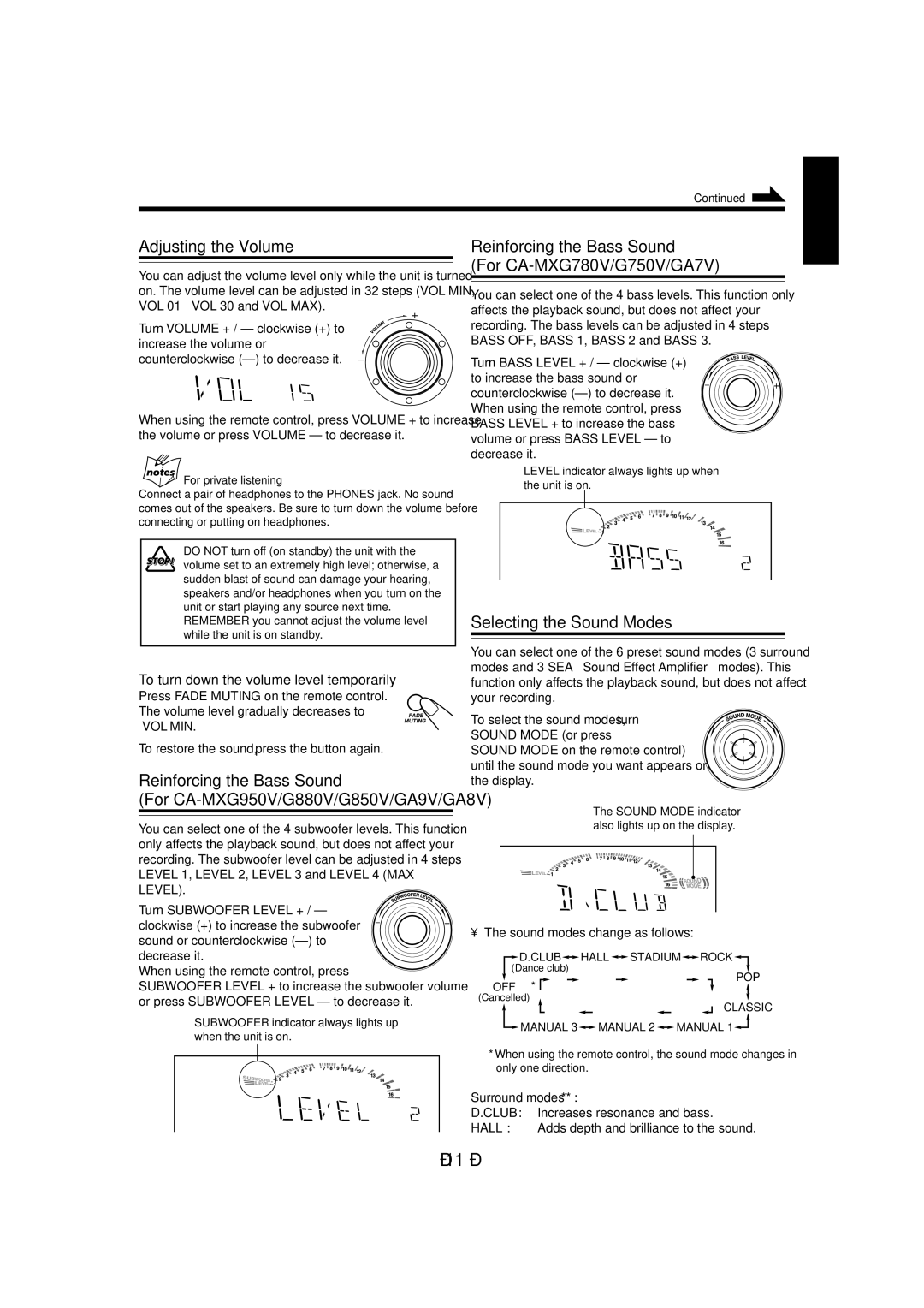 JVC CA-MXGA9V, CA-MXGA8V, CA-MXGA7V, CA-MXG880V Adjusting the Volume, Selecting the Sound Modes, Reinforcing the Bass Sound 