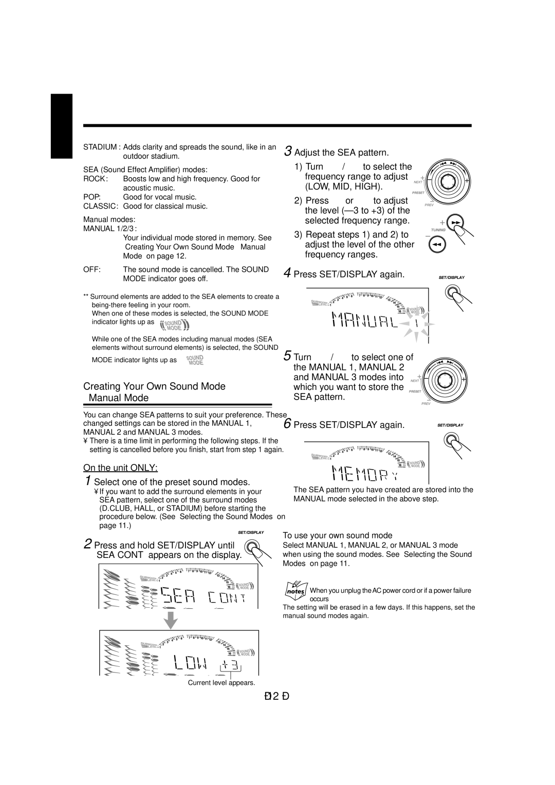 JVC CA-MXGA7V, CA-MXGA8V Creating Your Own Sound Mode Manual Mode, On the unit only Select one of the preset sound modes 