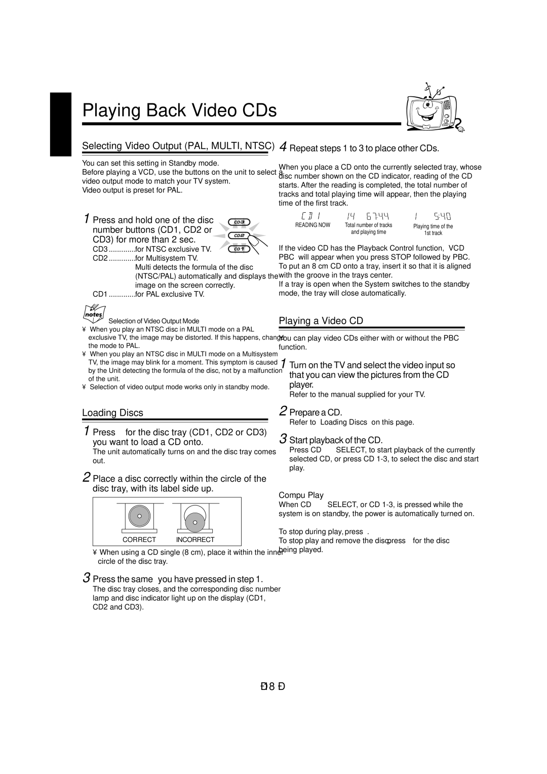 JVC CA-MXGA9V manual Playing Back Video CDs, Selecting Video Output PAL, MULTI, Ntsc, Playing a Video CD, Loading Discs 