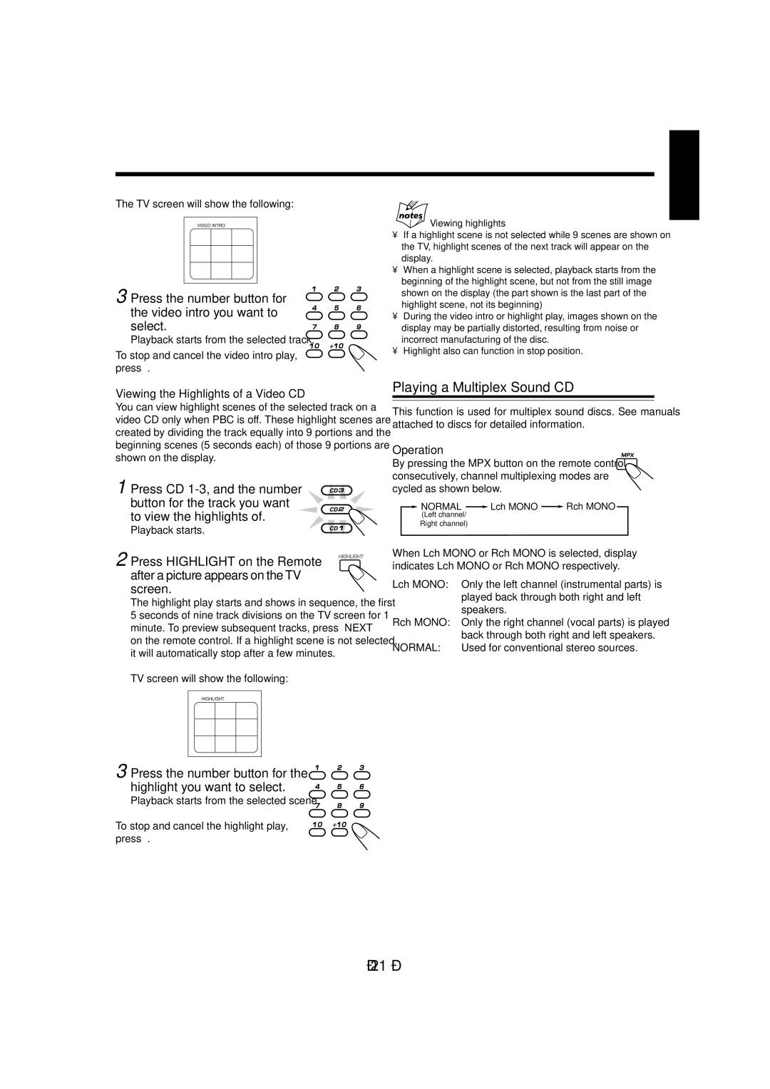 JVC CA-MXG850V, CA-MXGA8V, CA-MXGA9V manual Playing a Multiplex Sound CD, Viewing the Highlights of a Video CD, Operation 