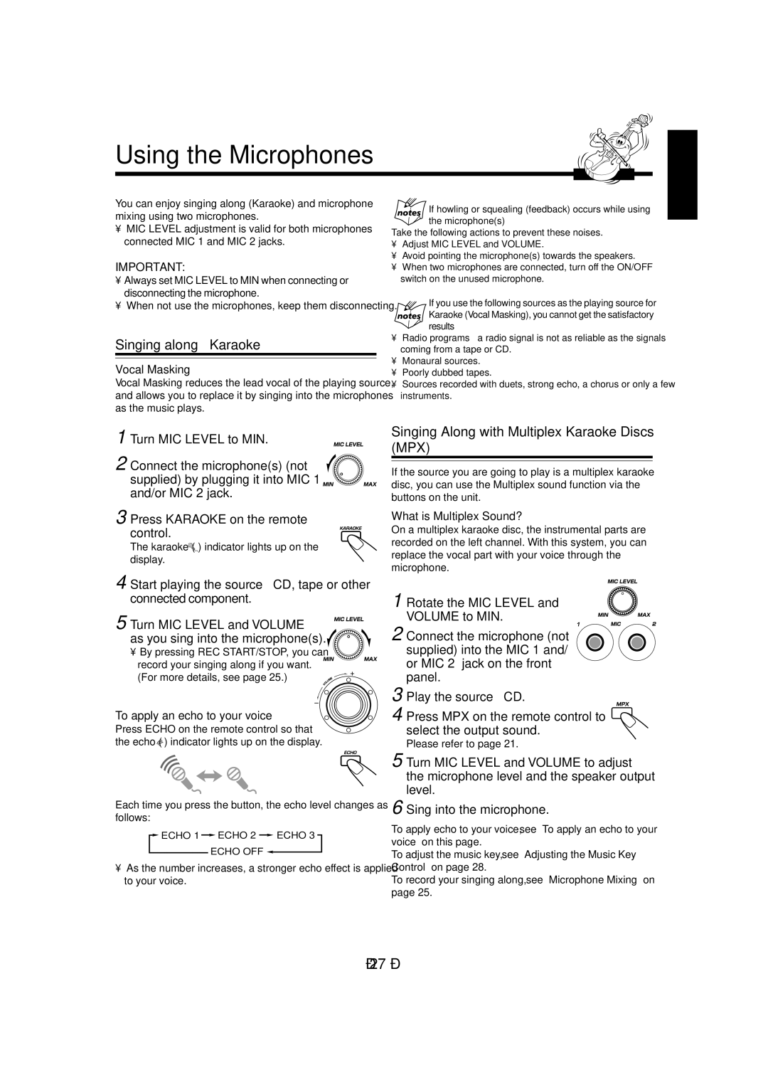 JVC CA-MXG880V, CA-MXGA8V Using the Microphones, Singing along Karaoke, Singing Along with Multiplex Karaoke Discs MPX 