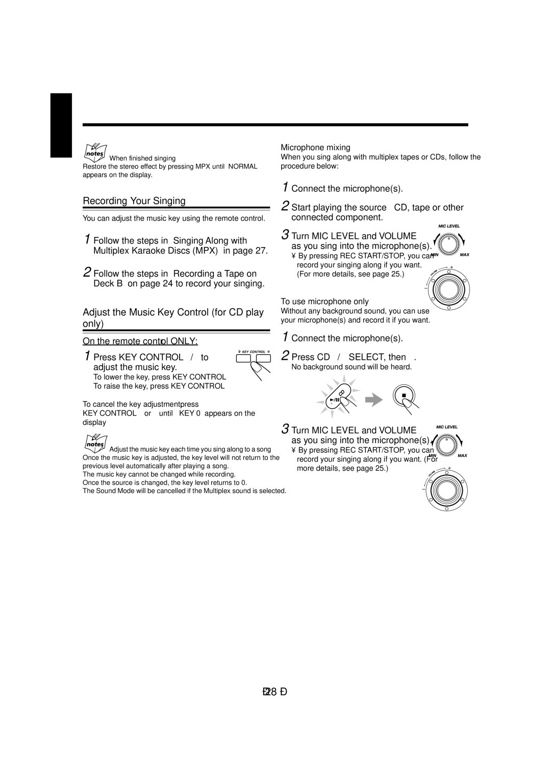 JVC CA-MXG850V, CA-MXGA8V manual Recording Your Singing, Adjust the Music Key Control for CD play only, Microphone mixing 