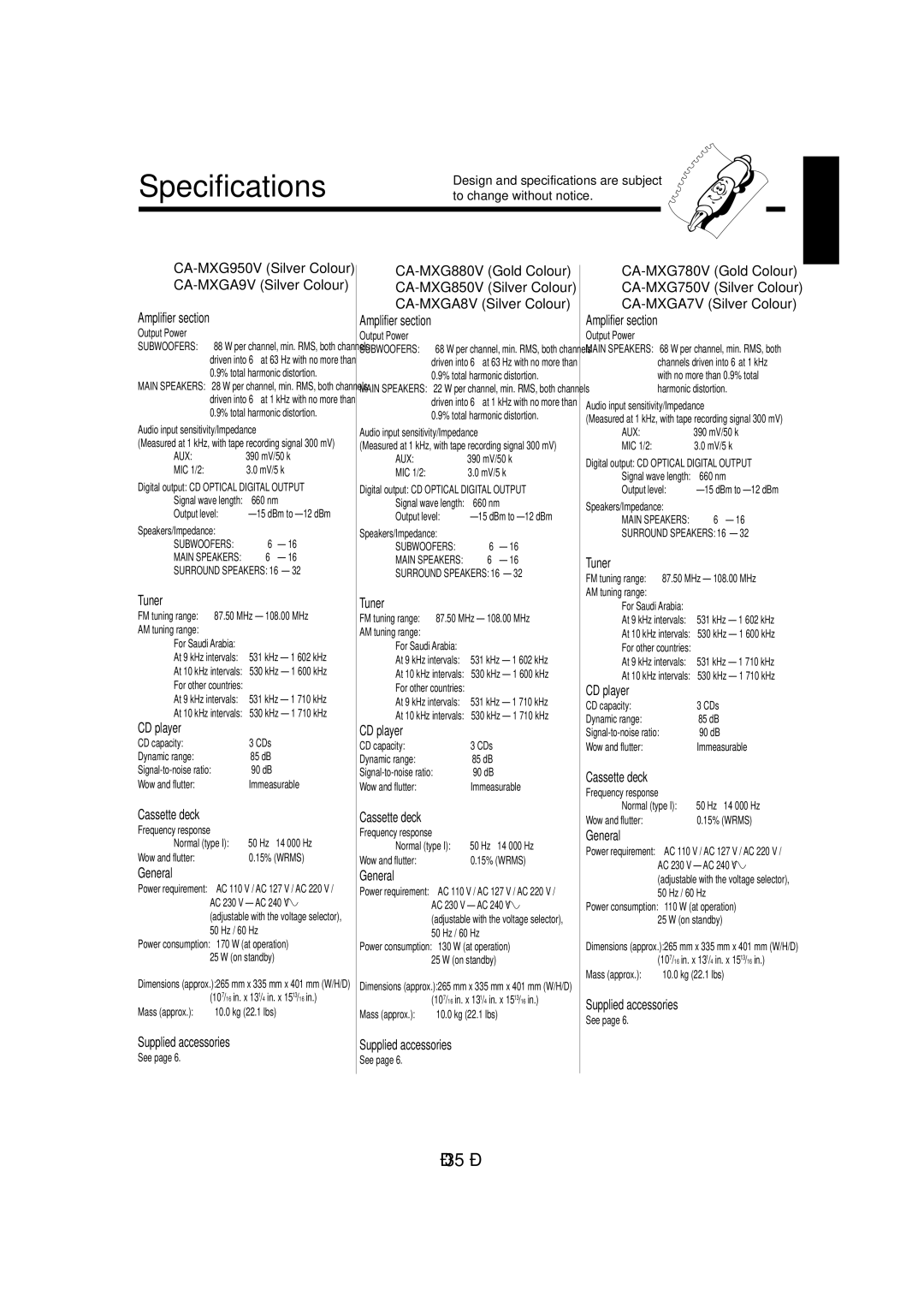 JVC CA-MXG850V, CA-MXGA8V, CA-MXGA9V, CA-MXGA7V, CA-MXG880V, CA-MXG780V, CA-MXG750V manual Specifications 