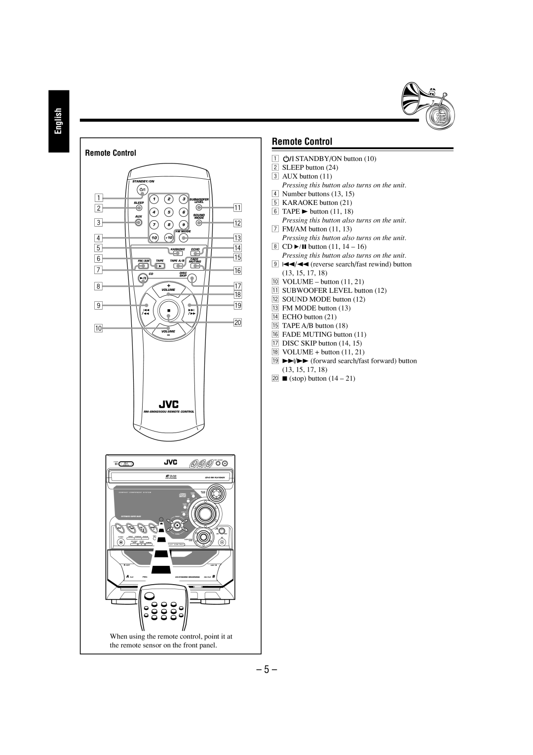 JVC CA-MXGT700 manual Remote Control 