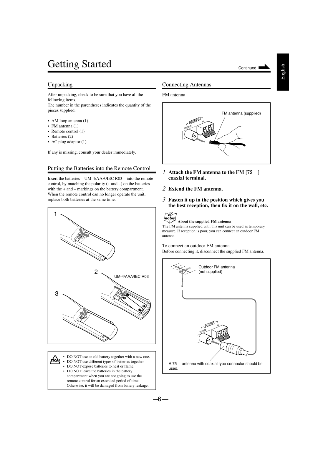 JVC CA-MXGT700 manual Getting Started, Unpacking, Connecting Antennas 