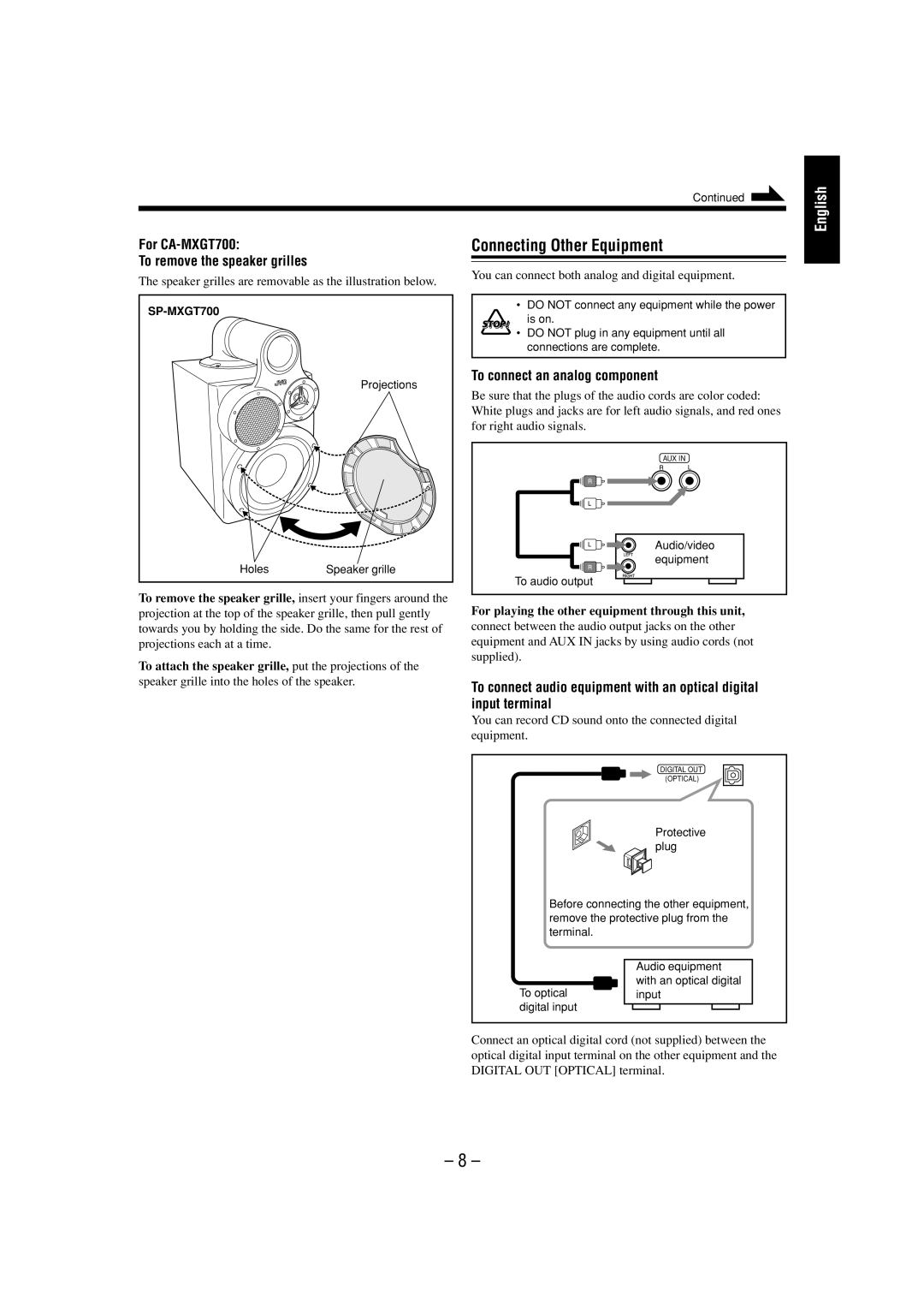 JVC manual Connecting Other Equipment, For CA-MXGT700 To remove the speaker grilles, To connect an analog component 