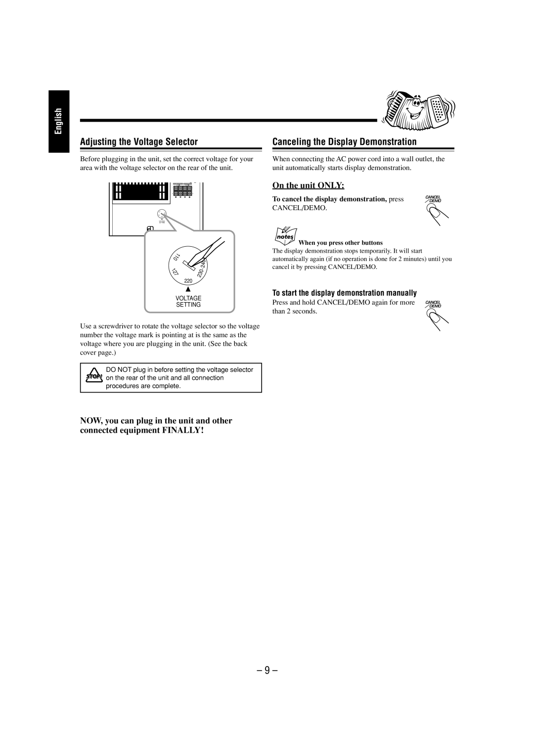 JVC CA-MXGT700 manual Adjusting the Voltage Selector, Canceling the Display Demonstration, On the unit only 