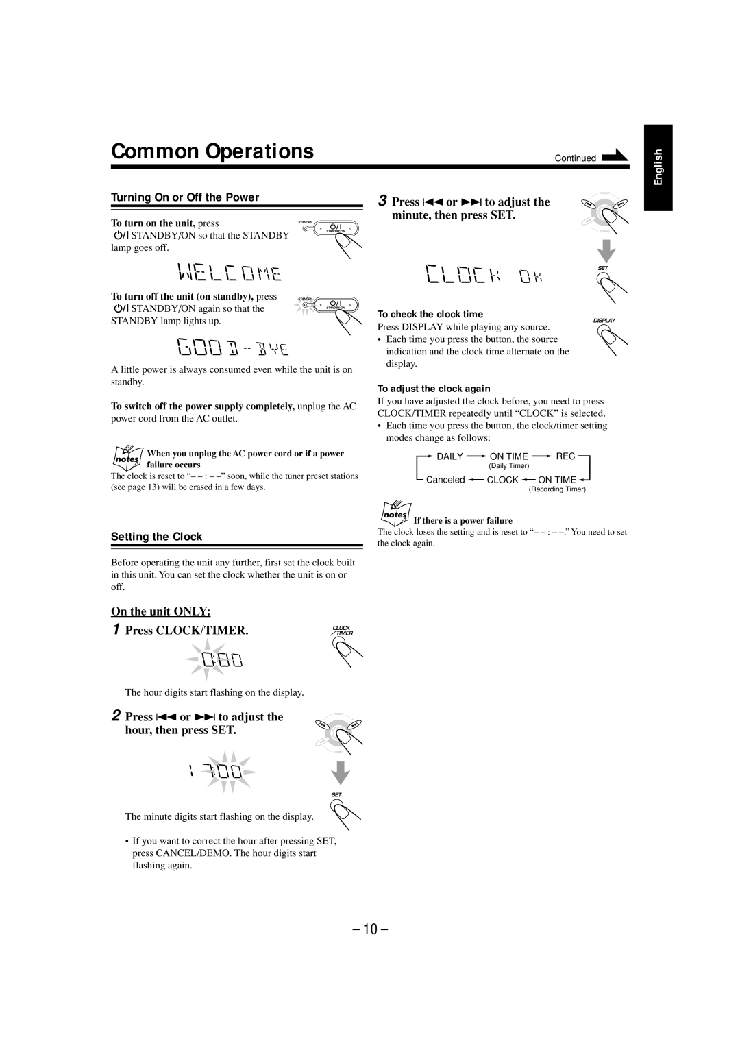 JVC CA-MXGT700 manual Common Operations, Turning On or Off the Power, Setting the Clock, On the unit only Press CLOCK/TIMER 