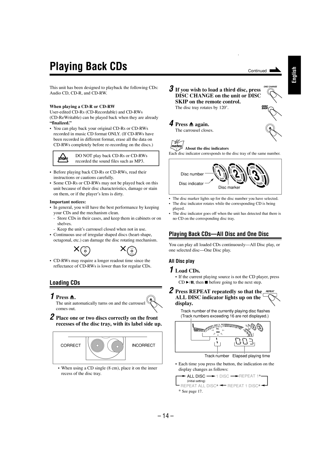 JVC CA-MXGT700 manual Playing Back CDs-All Disc and One Disc, Loading CDs 