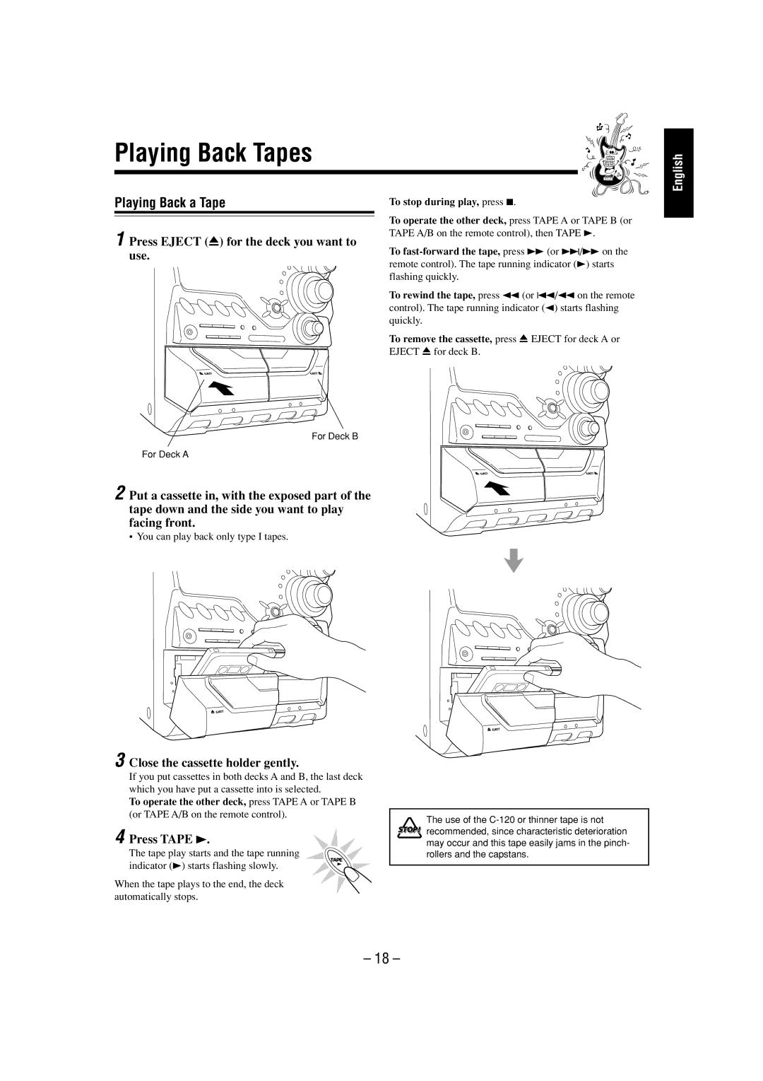 JVC CA-MXGT700 manual Playing Back Tapes, Playing Back a Tape, Press Eject 0 for the deck you want to use, Press Tape 