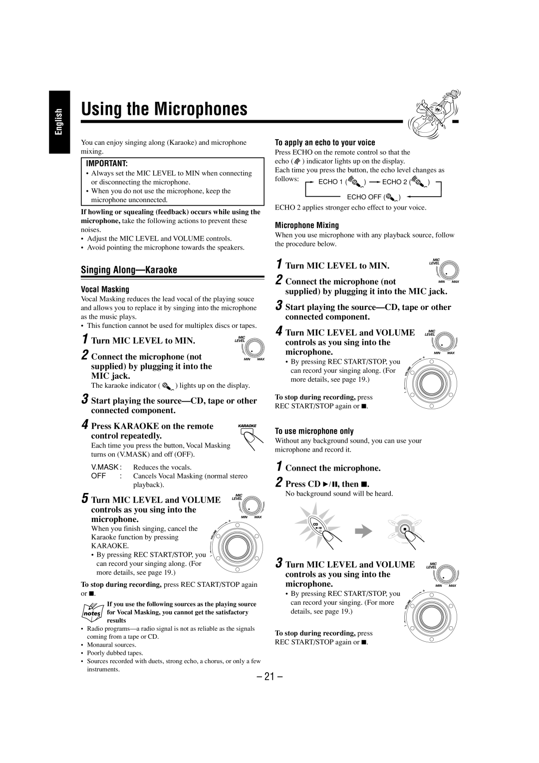 JVC CA-MXGT700 manual Using the Microphones, Singing Along-Karaoke 