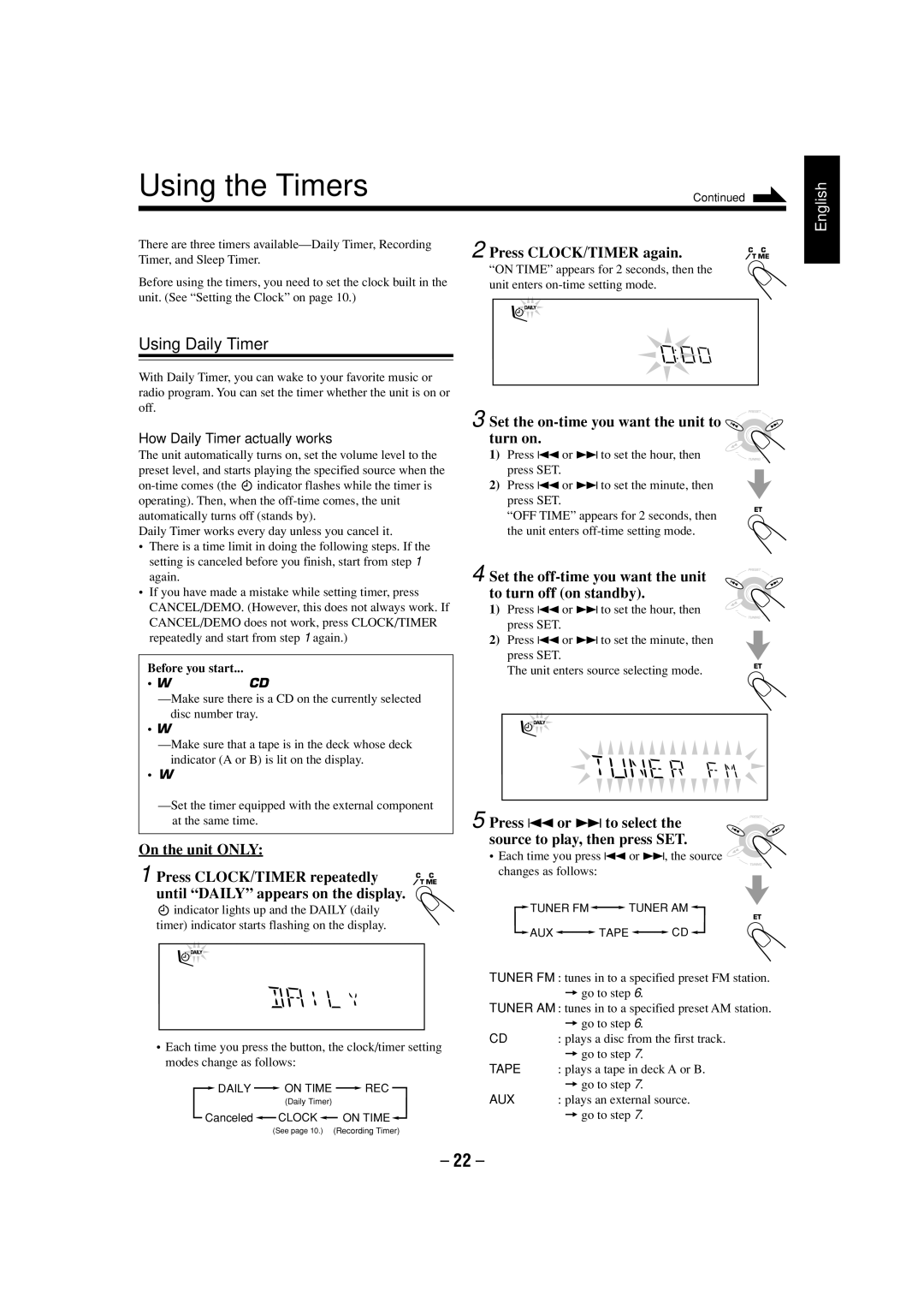 JVC CA-MXGT700 manual Using the Timers, Using Daily Timer 