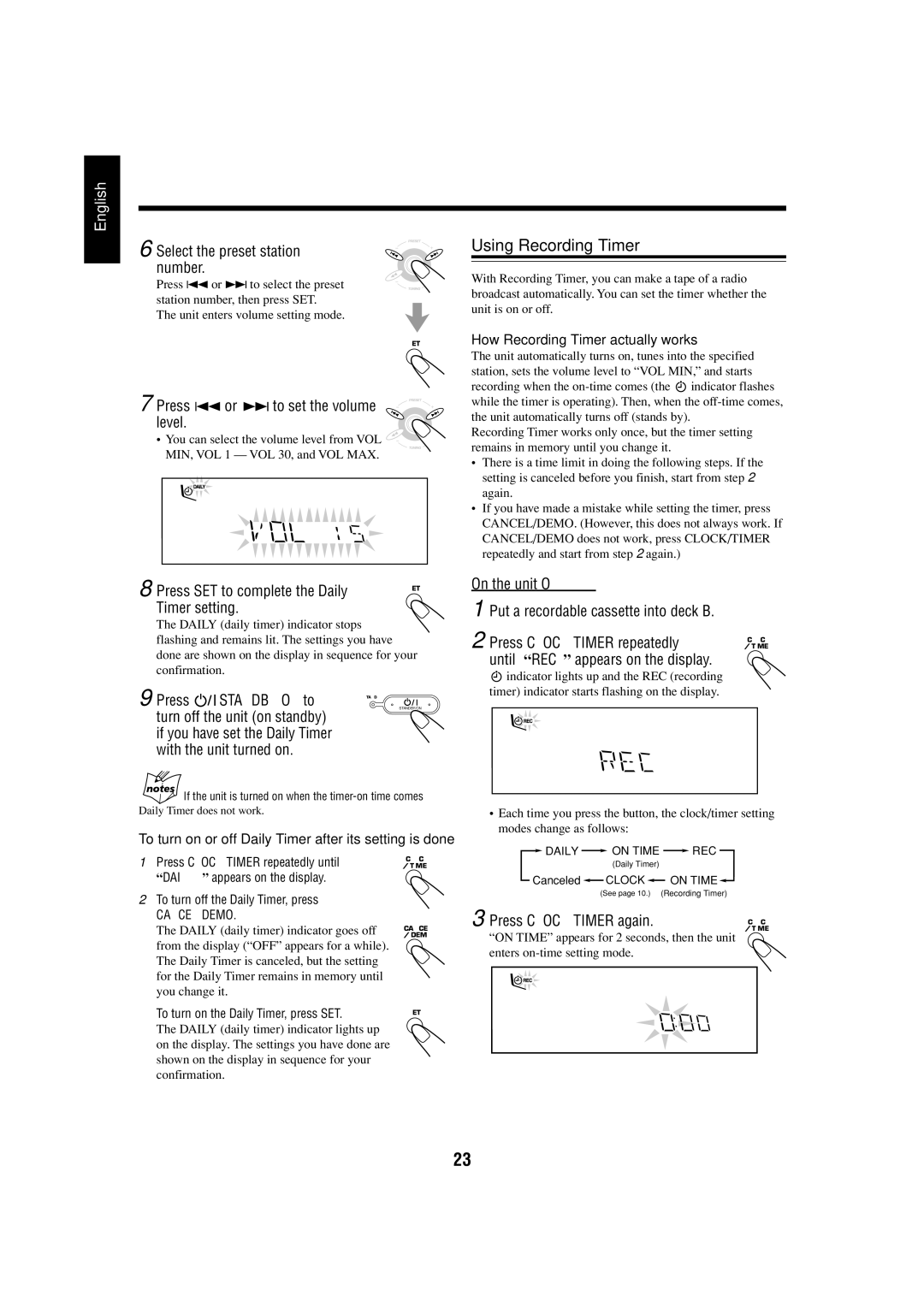 JVC CA-MXGT700 manual Using Recording Timer, Press CLOCK/TIMER again 