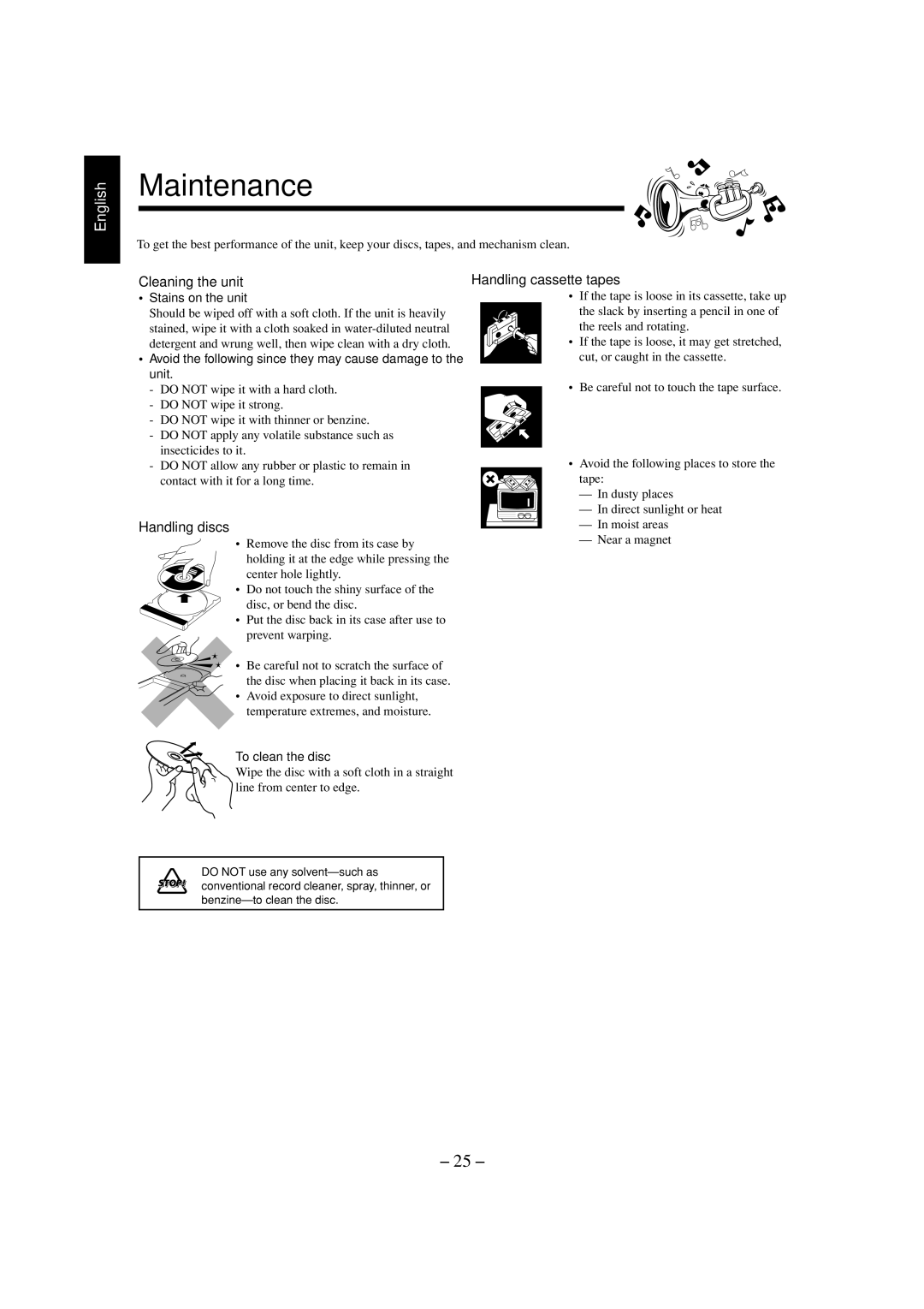 JVC CA-MXGT700 manual Maintenance, Cleaning the unit, Handling discs, Handling cassette tapes 