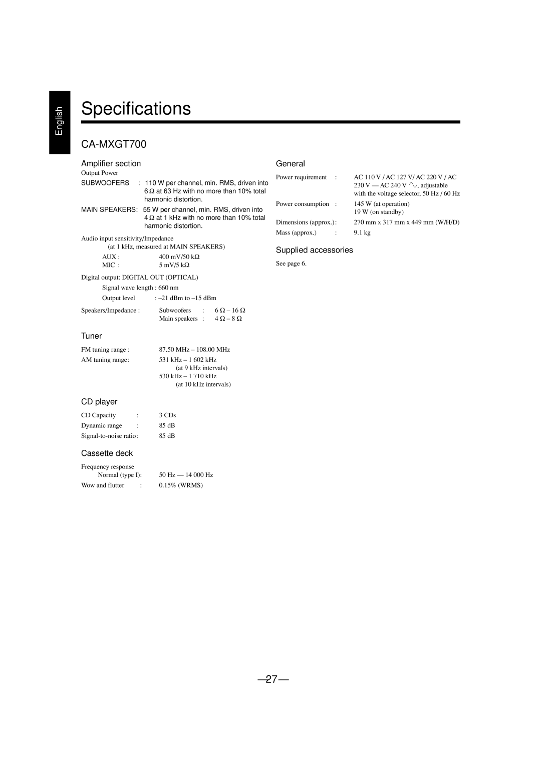 JVC CA-MXGT700 manual Specifications 