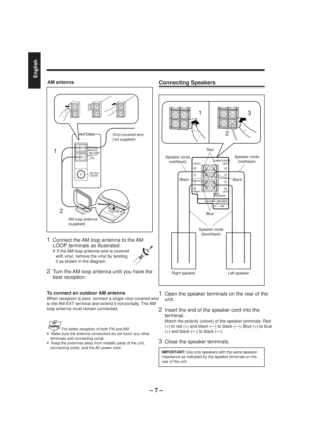 JVC CA-MXGT80 Connecting Speakers, Turn the AM loop antenna until you have the best reception, Close the speaker terminals 