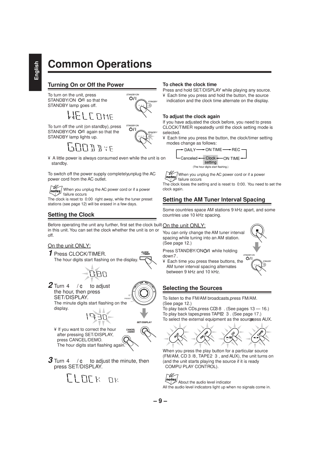 JVC CA-MXGT80 Common Operations, Turning On or Off the Power, Setting the AM Tuner Interval Spacing Setting the Clock 