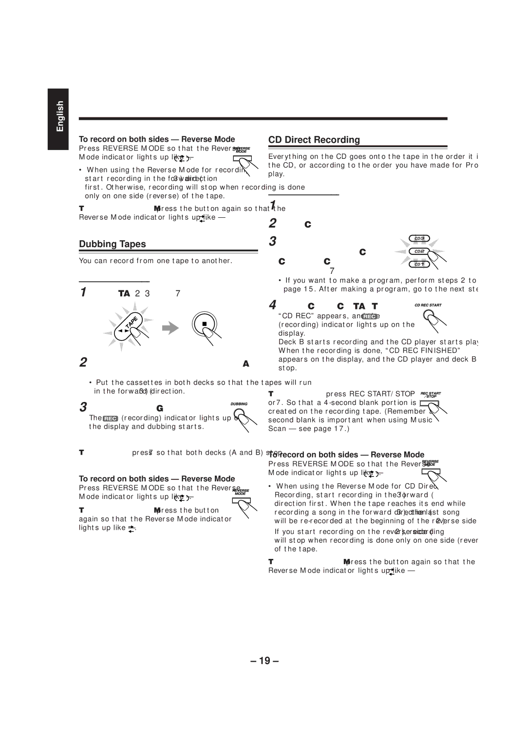 JVC CA-MXGT80, CA-MXG70 manual Dubbing Tapes, CD Direct Recording, Press Dubbing, To record on both sides Reverse Mode 
