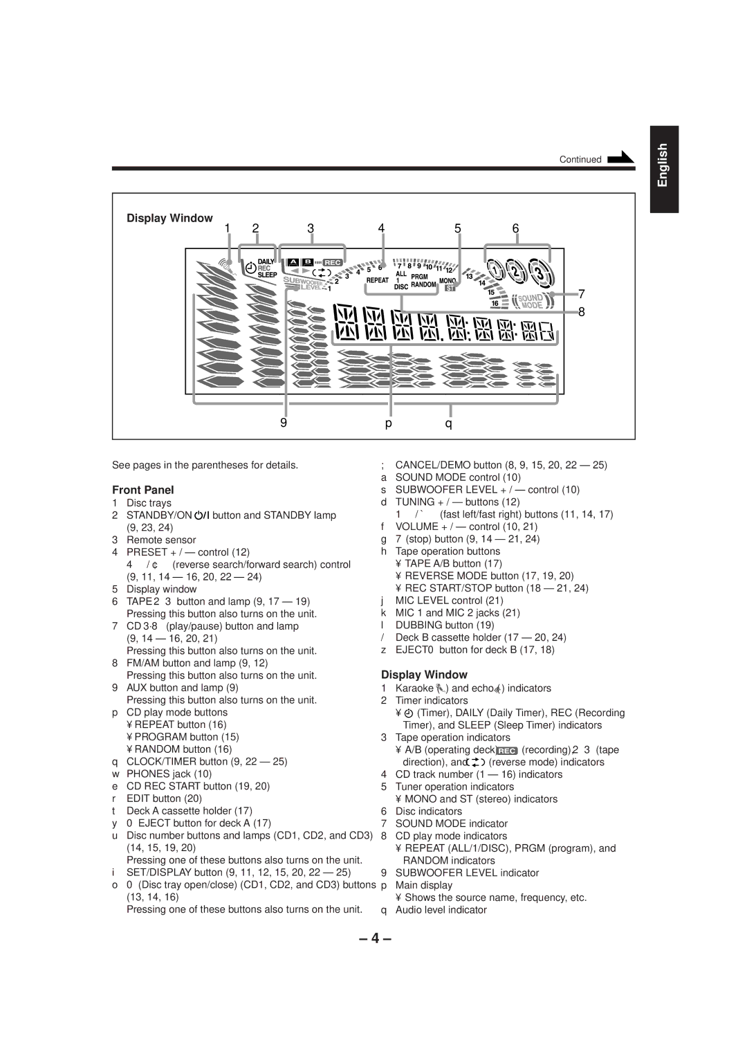 JVC CA-MXG70 manual Display Window, See pages in the parentheses for details, FM/AM button and lamp 9, AUX button and lamp 