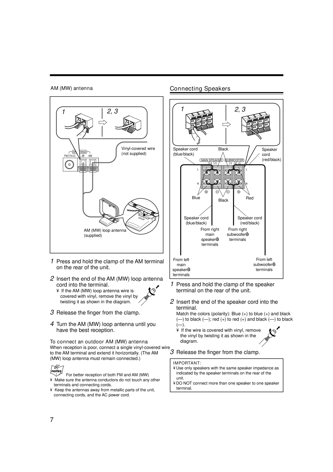 JVC CA-MXGT88, CA-MXGA77 Connecting Speakers, Release the finger from the clamp, To connect an outdoor AM MW antenna 