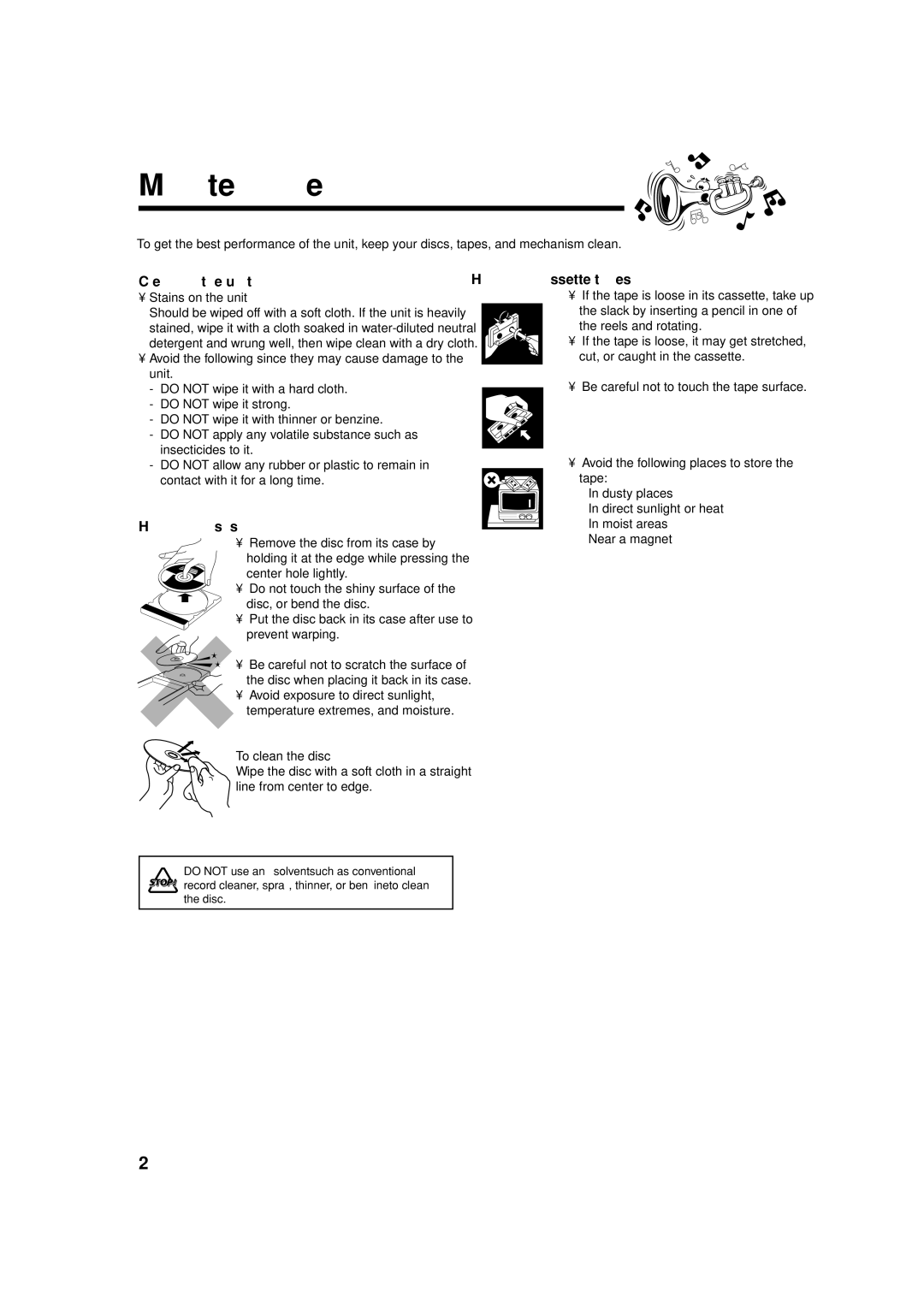 JVC CA-MXGT88, CA-MXGA77 manual Maintenance, Cleaning the unit, Handling discs, Handling cassette tapes 