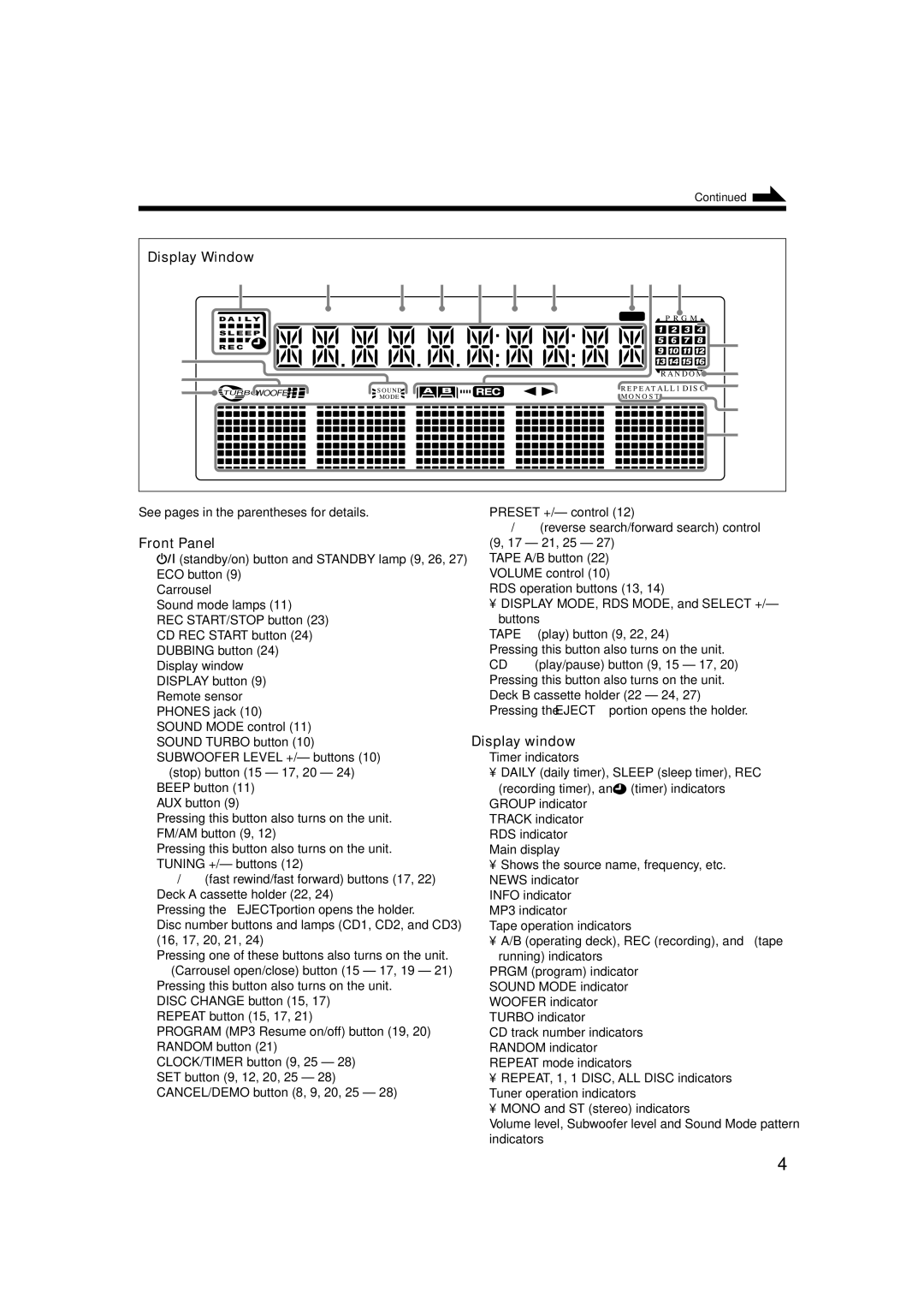 JVC CA-MXGA77, CA-MXGT88 manual Display Window, Front Panel 