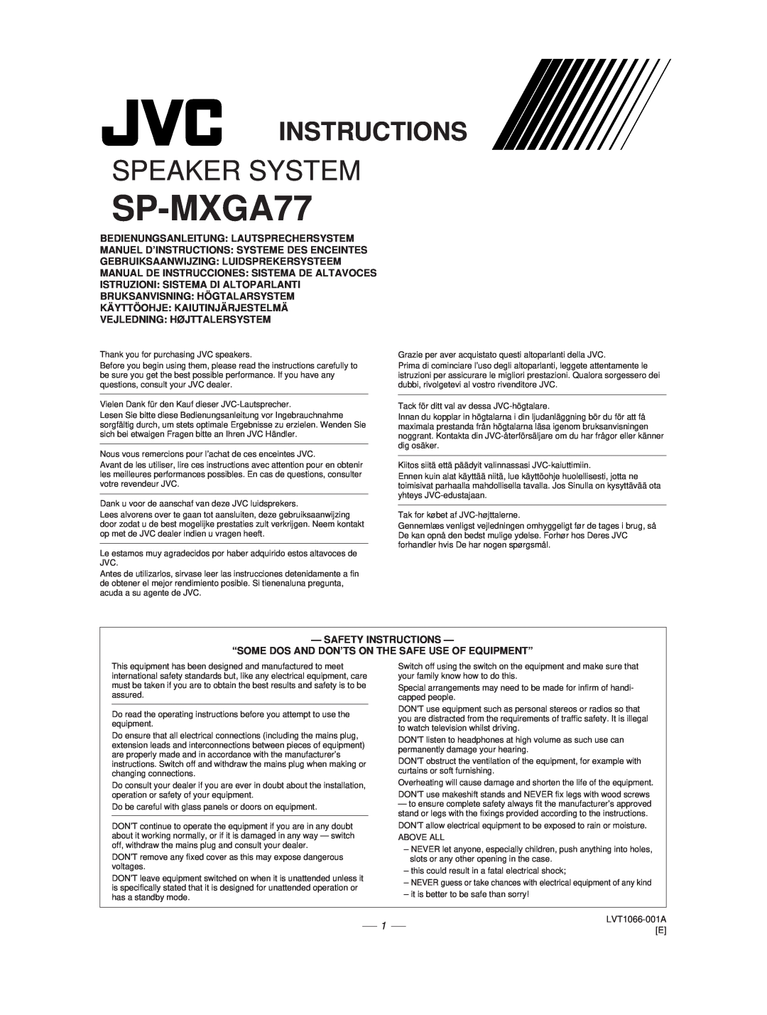 JVC CA-MXGA77, CA-MXGT88 manual Instructions, SP-MXGA77, Speaker System 