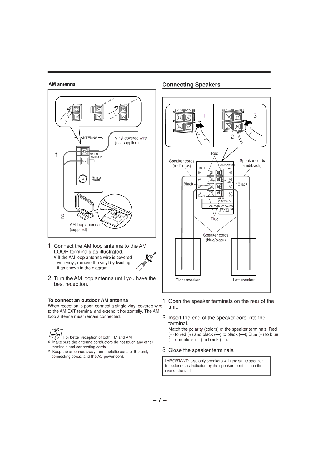 JVC CA-MXGT90, CA-MXGT80, CA-MXG70 manual Connecting Speakers, Turn the AM loop antenna until you have the best reception 