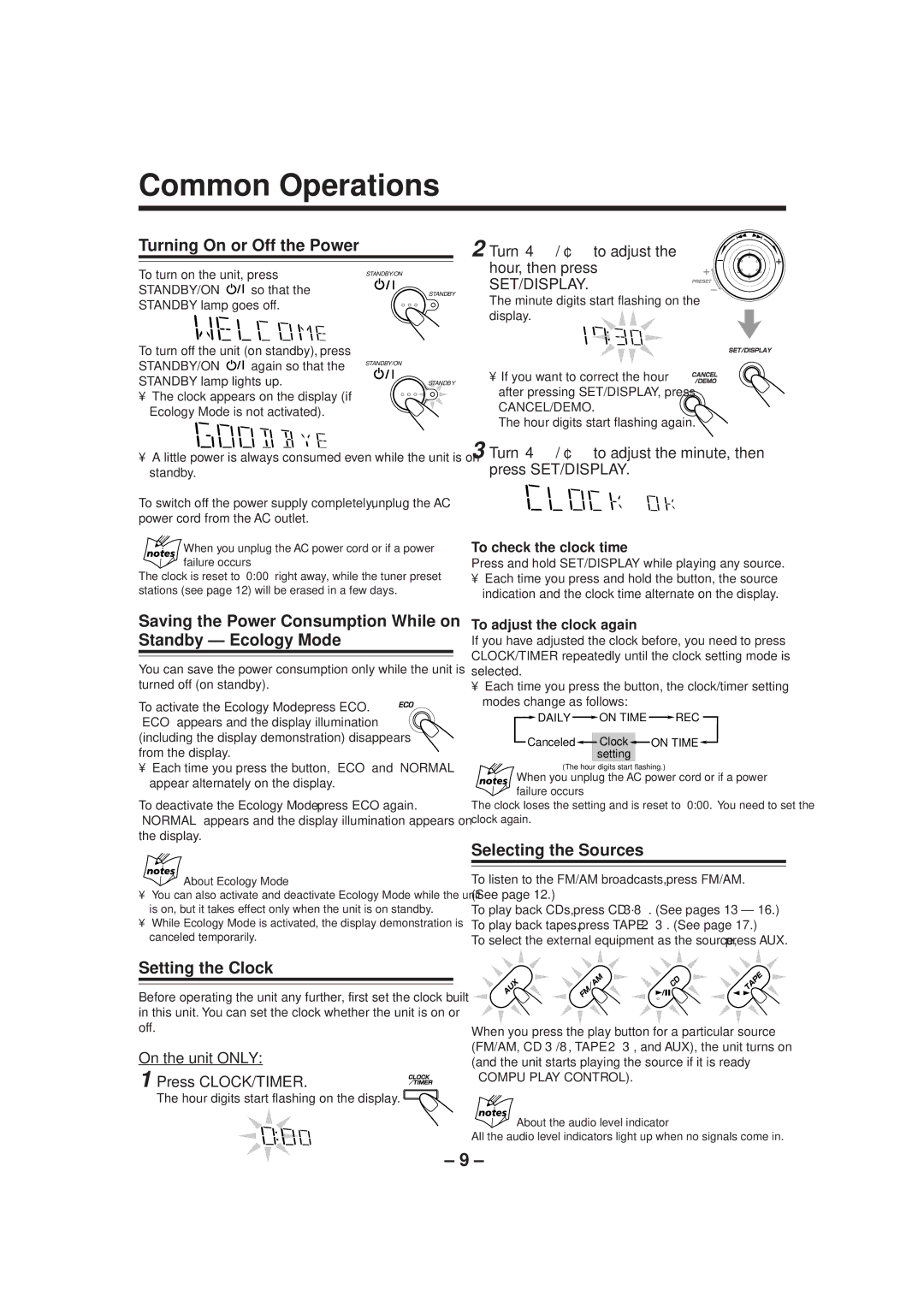 JVC CA-MXGT90, CA-MXGT80, CA-MXG70 manual Common Operations, Turning On or Off the Power, Selecting the Sources 