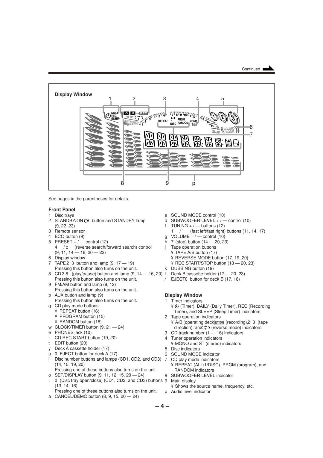 JVC CA-MXGT90, CA-MXGT80, CA-MXG70 manual Display Window, See pages in the parentheses for details 