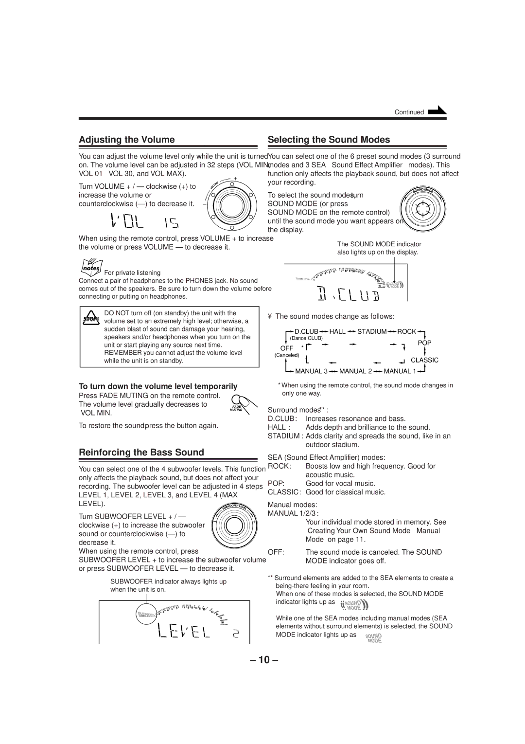 JVC CA-MXGT90 manual Adjusting the Volume, Reinforcing the Bass Sound, Selecting the Sound Modes 