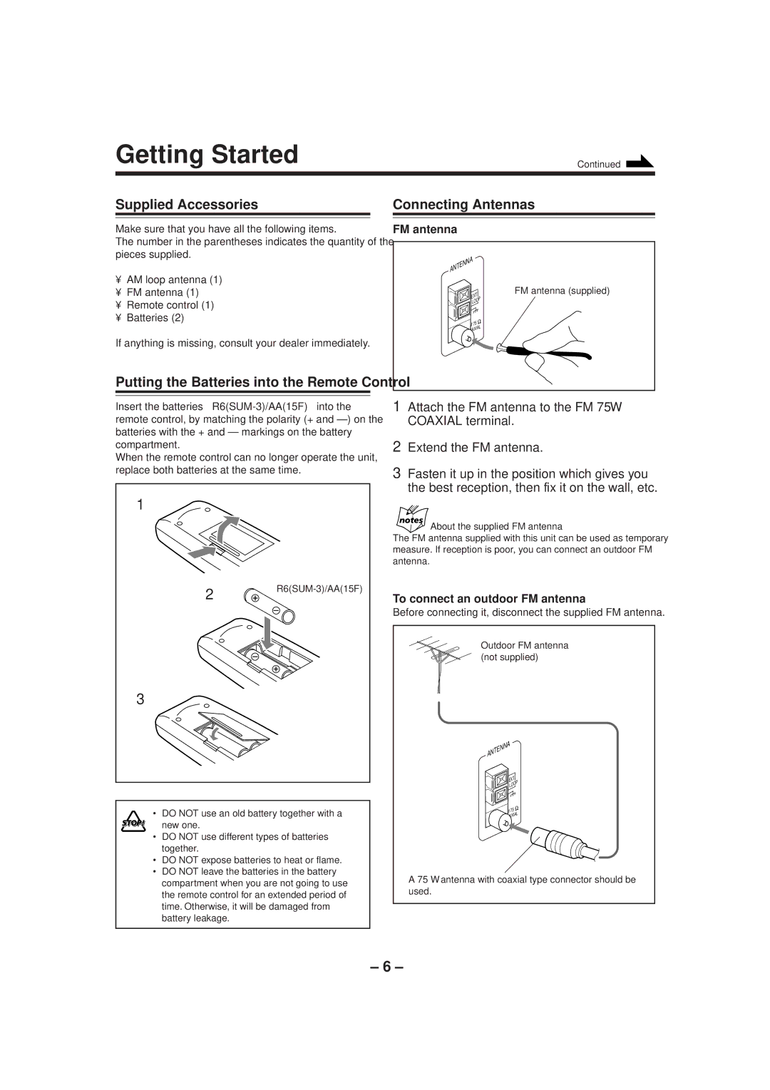 JVC CA-MXGT90 manual Getting Started, Supplied Accessories Connecting Antennas, To connect an outdoor FM antenna 