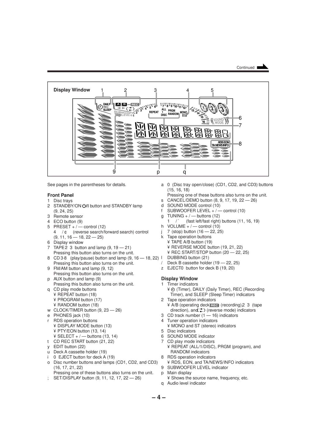 JVC CA-MXGT91R manual Display Window, See pages in the parentheses for details 