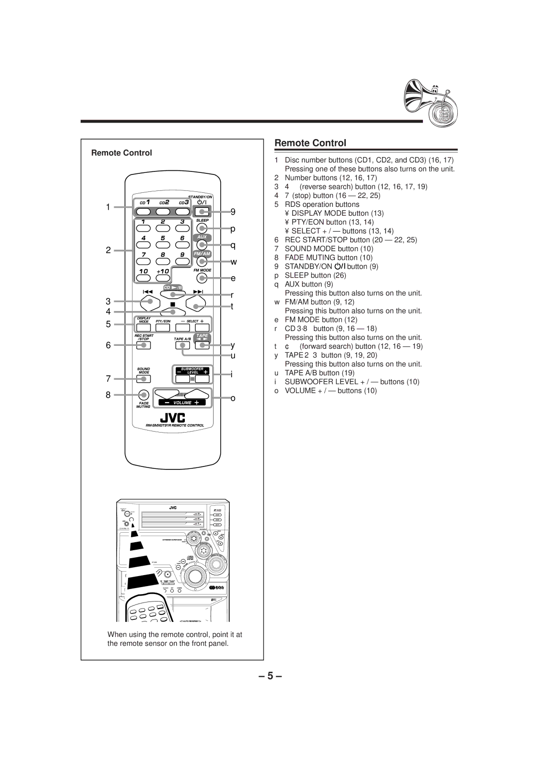 JVC CA-MXGT91R manual Remote Control, CD 3´8button 9, 16, Subwoofer Level + / buttons 10 o Volume + / buttons 